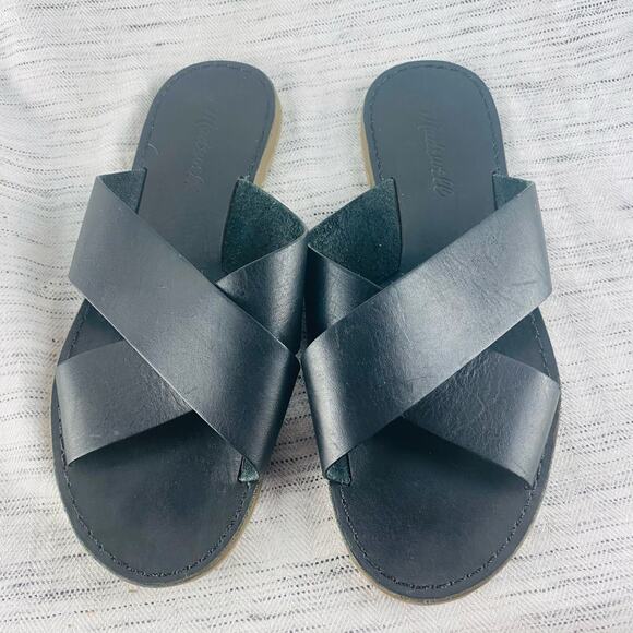Madewell Raven Black Criss Cross Leather Boardwalk Slide‎ Sandal Sz 7 Minimalist - Picture 3 of 7